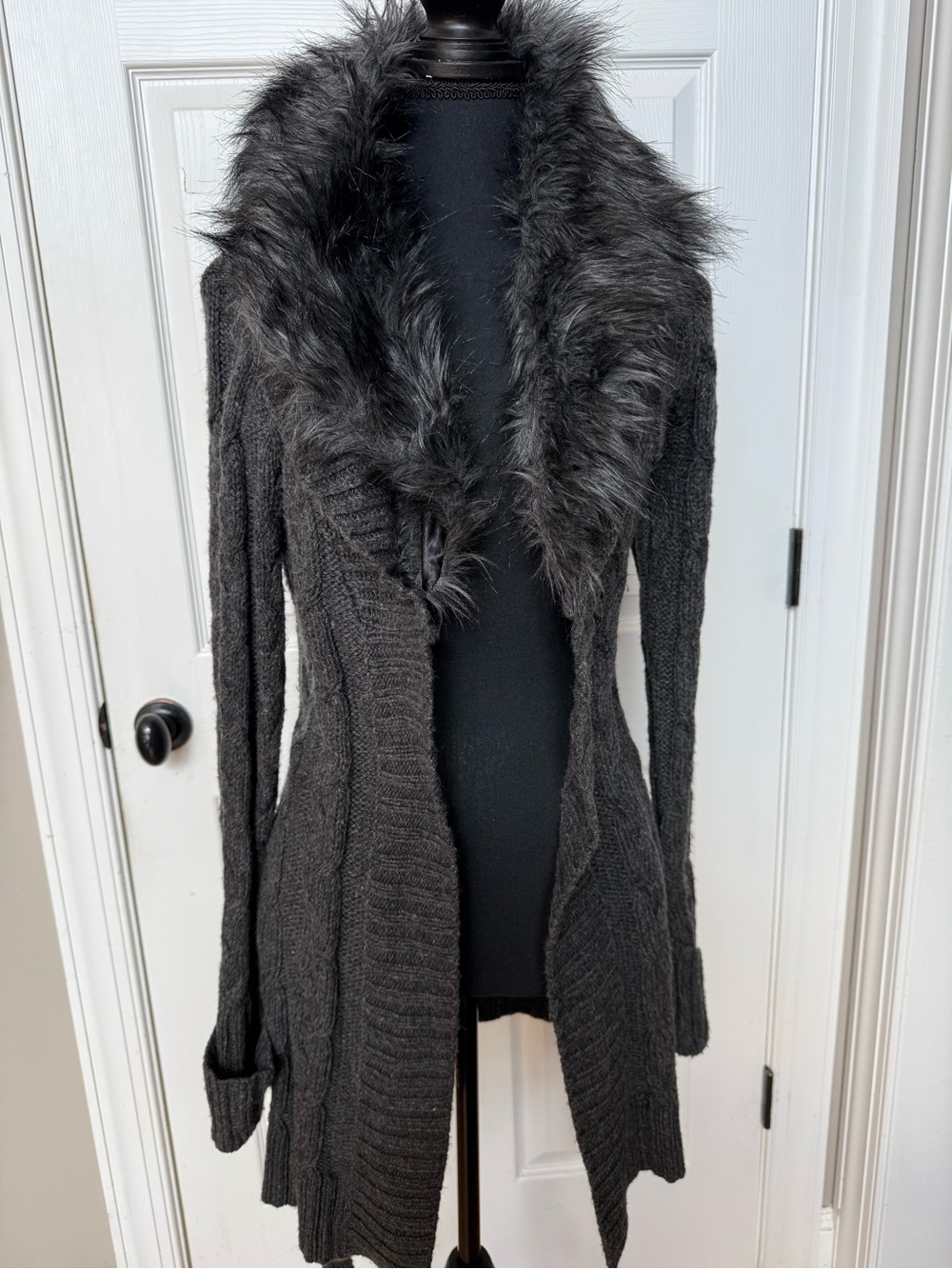 Apt. 9 Dark Charcoal Faux-Fur Collar Open-Front Cardigan